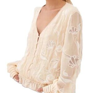 Anthropologie Women Top Beige Embroidery Cropped Boho Peasants Cottage Core S